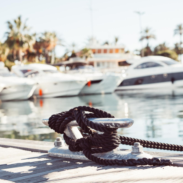 Mooring line securing a yacht berthed in Port Vauban, in Antibes
