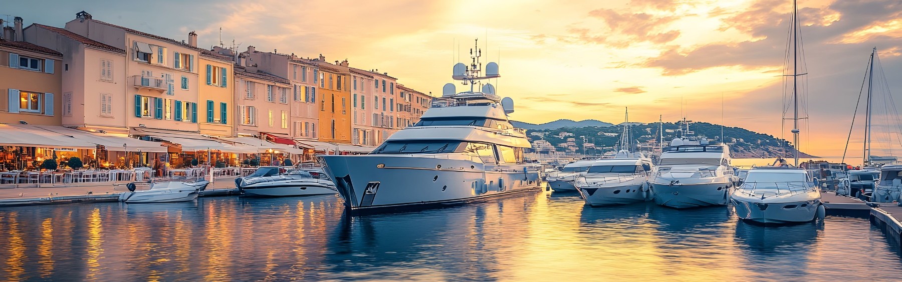 Luxury yachts moored at sunset on the French Riviera, near Antibes.