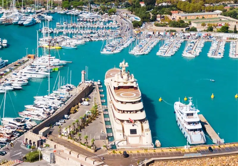 Aerial view of yachts berthed in Port Vauban, Antibes