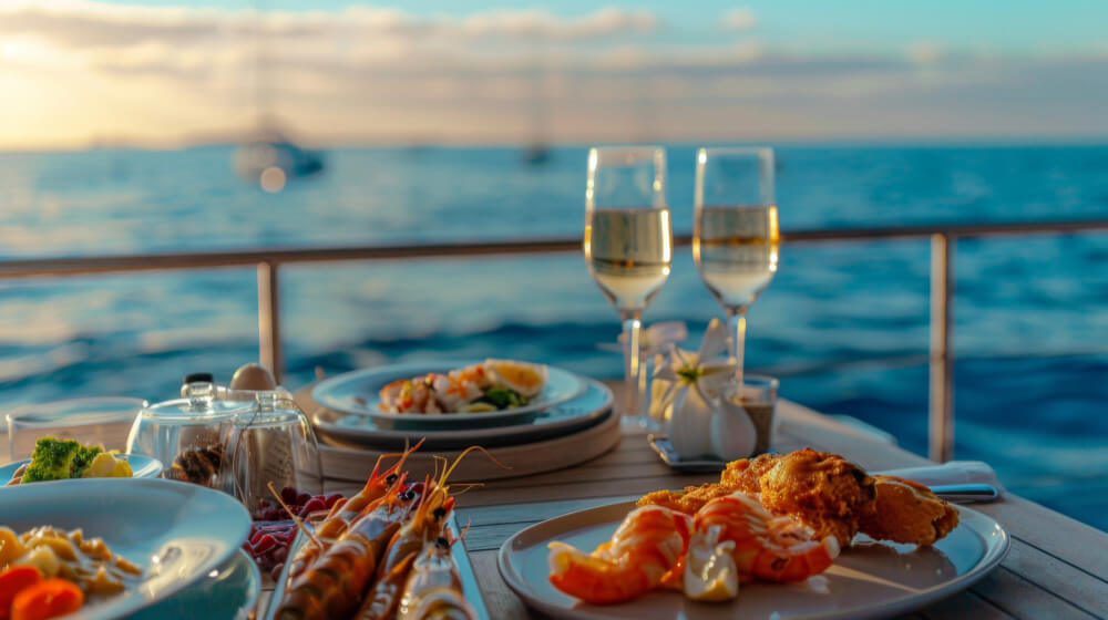 A beautiful, full dining table with champagne and lobster on a luxury yacht, facing the Meditterrean in the French Riviera.