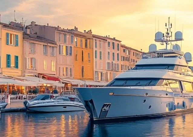 Luxury yachts moored at sunset on the French Riviera, near Antibes.