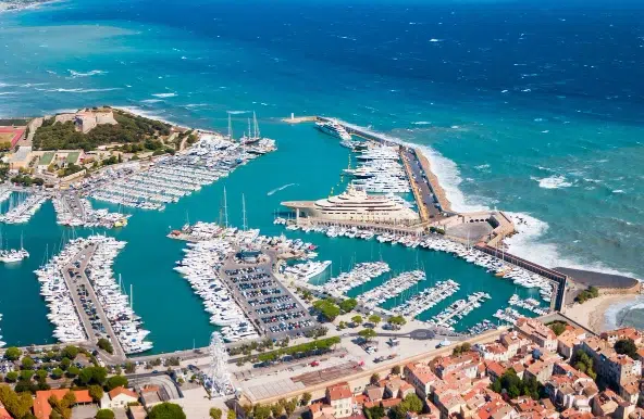Aerial view of Port Vauban marina in Antibes, French Riviera